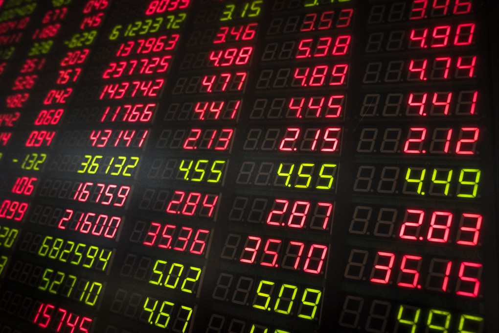 View of an electronic board displaying stock index and prices inside a securities brokeragae in Beijing. Photo: EPA-EFE
