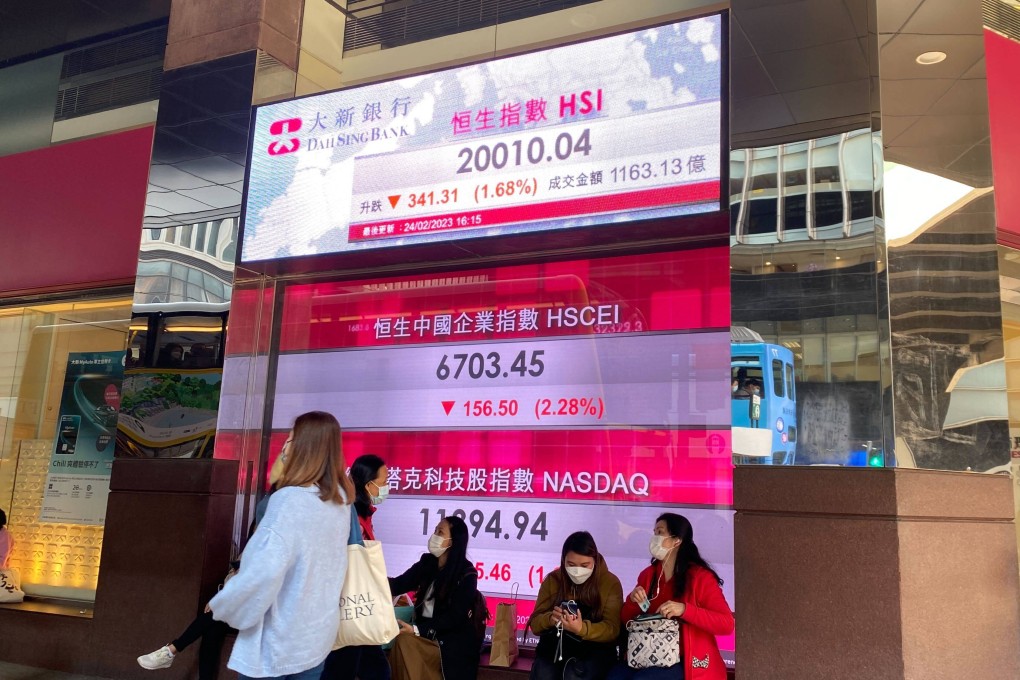People wearing masks standing near a screen showing stock market indicators in Central, Hong Kong. Photo: Li Jiaxing