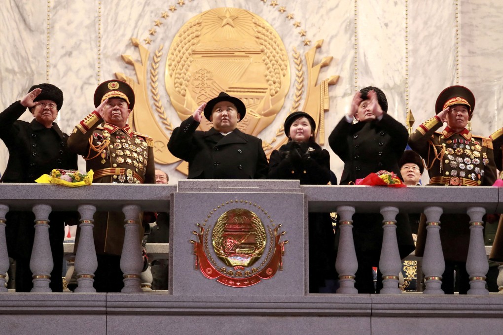 North Korean leader Kim Jong-un and daughter Kim Ju Ae attend a military parade to mark the 75th founding anniversary of North Korea’s army on February 8, 2023. Photo: KCNA via Reuters