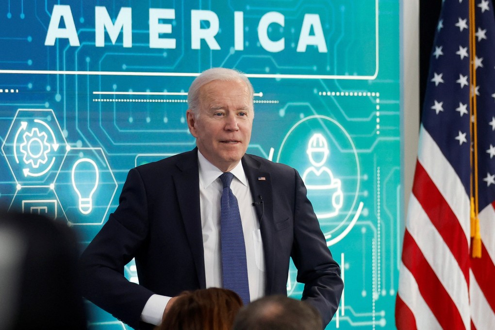 US President Joe Biden speaks during a virtual meeting with business leaders and state governors to discuss supply chain problems, particularly in semiconductors, in March 2022. Photo: Reuters