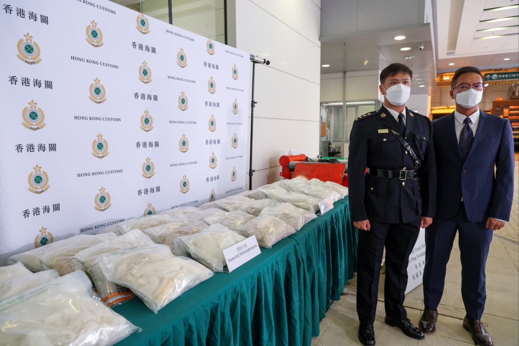 Methamphetamine seized at Hong Kong International Airport is displayed at a press conference in November. City authorities seized around 66,000kg of drugs in about 4,000 cases last year. Photo: Yik Yeung-man