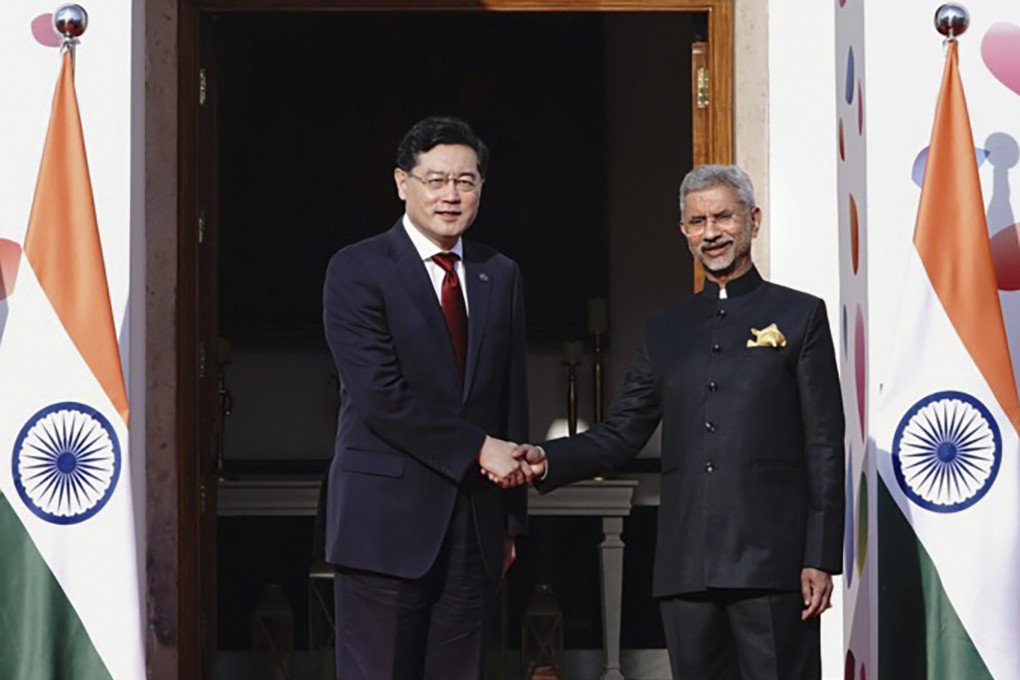 Indian foreign minister S Jaishankar (right) welcomes his Chinese counterpart Qin Gang as Qin arrives for the G20 foreign ministers meeting in New Delhi. Photo: via AP