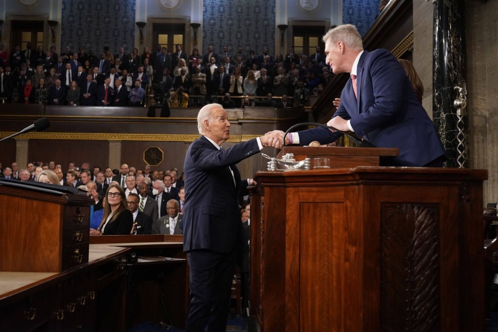US President Joe Biden (left) greets US House Speaker Kevin McCarthy while arriving to deliver the State of the Union address at the US Capitol in Washington on February 7. Biden’s White House and the Republican-controlled House of Representatives are at odds over the US debt ceiling, raising the prospect of a government shutdown and possible default. Photo: Bloomberg