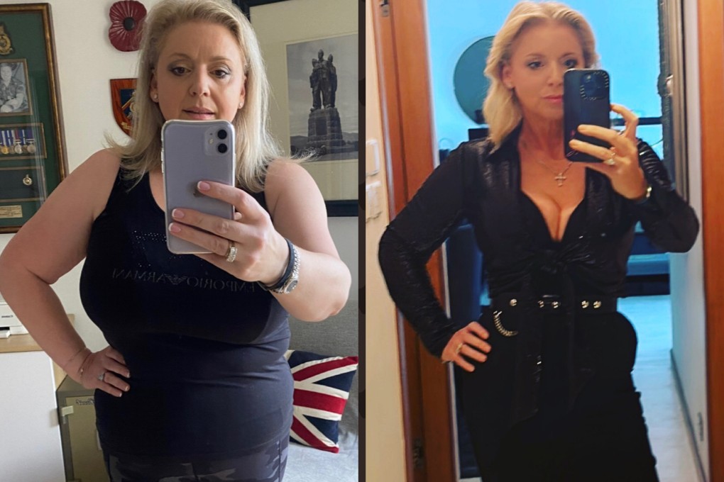 Jane Carroll before (left) and after her weight loss. She lost 30kg in seven months after joining a gym and hiring a personal trainer. Photo: Jane Carroll