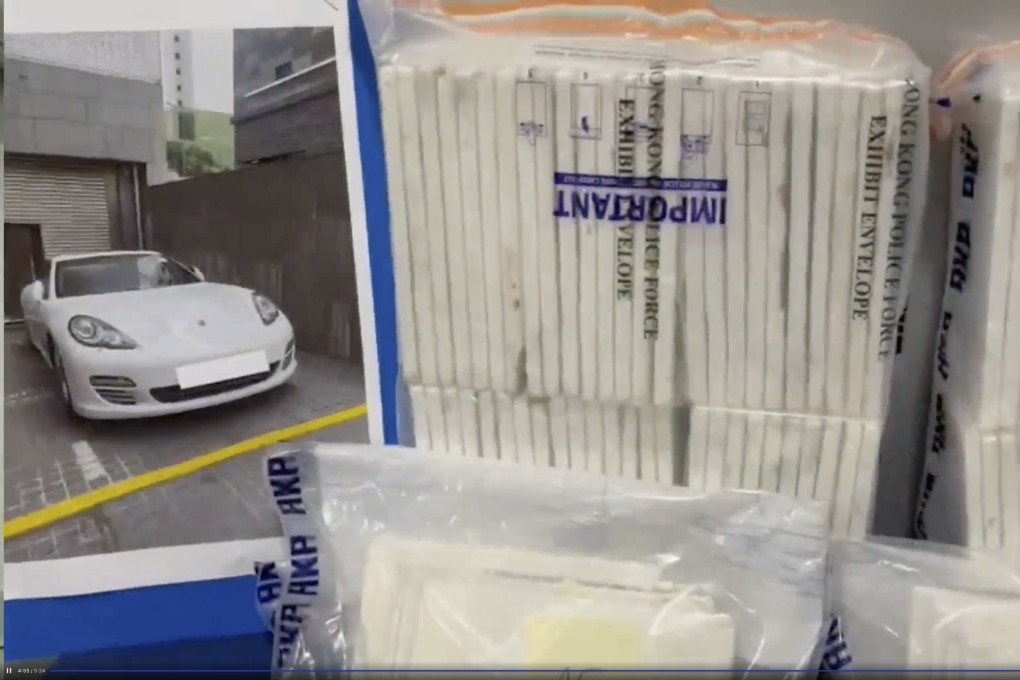 A Porsche and some of the drugs seized after police raided two storage centres and arrested three people. Photo:  Facebook/Hong Kong Police.