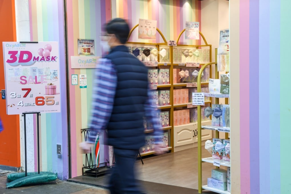 The price of face masks fell, as seen in a shop in Tsim Sha Tsui on February 28, after the government decided to scrap Covid-19 mask rules from March 1, after three years. Photo: K.Y. Cheng