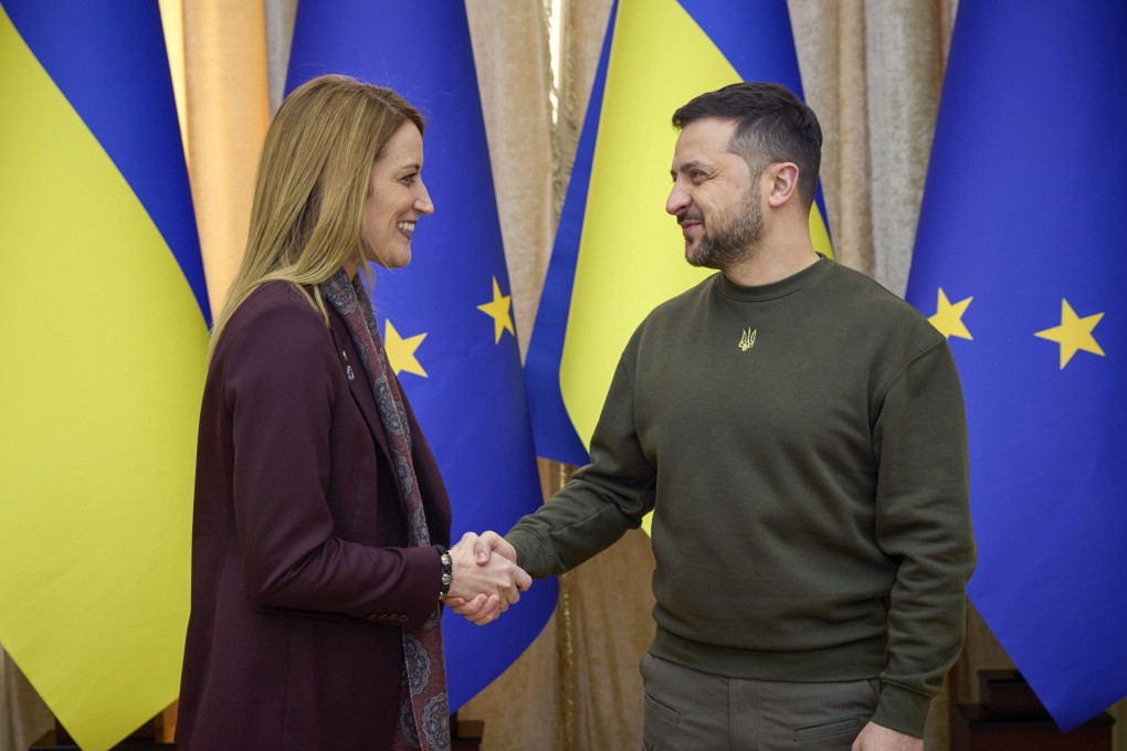 Ukraine’s President Volodymyr Zelensky and Roberta Metsola, president of the European Parliament, in Lviv, Ukraine on Saturday. Photo: Ukraine Presidential Press Service / EPA-EFE