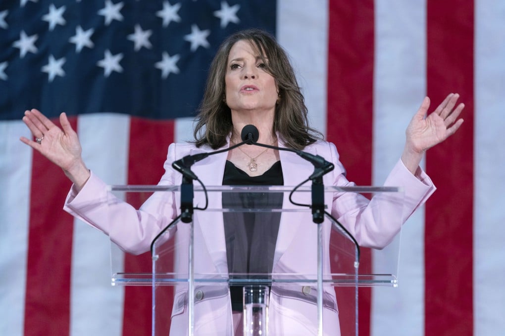 Self-help author Marianne Williamson launches her 2024 presidential campaign in Washington on Saturday. Photo: AP