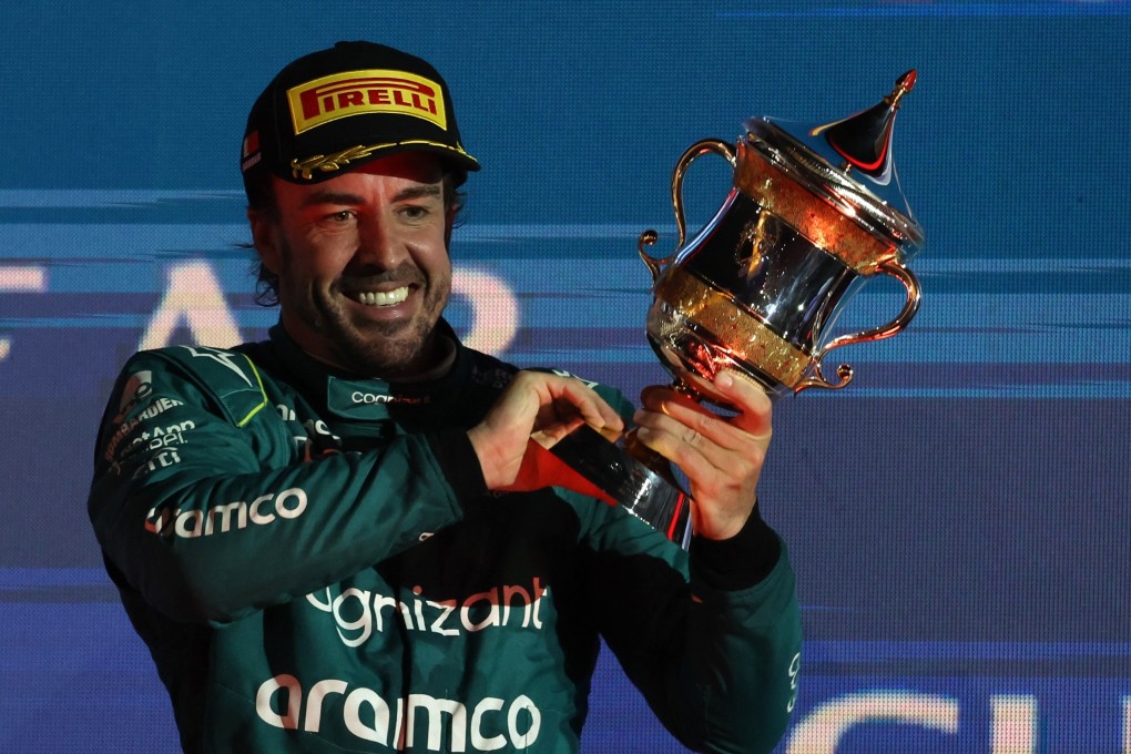 Fernando Alonso of Aston Martin celebrates taking third place at the Formula One Bahrain Grand Prix. Photo: EPA-EFE