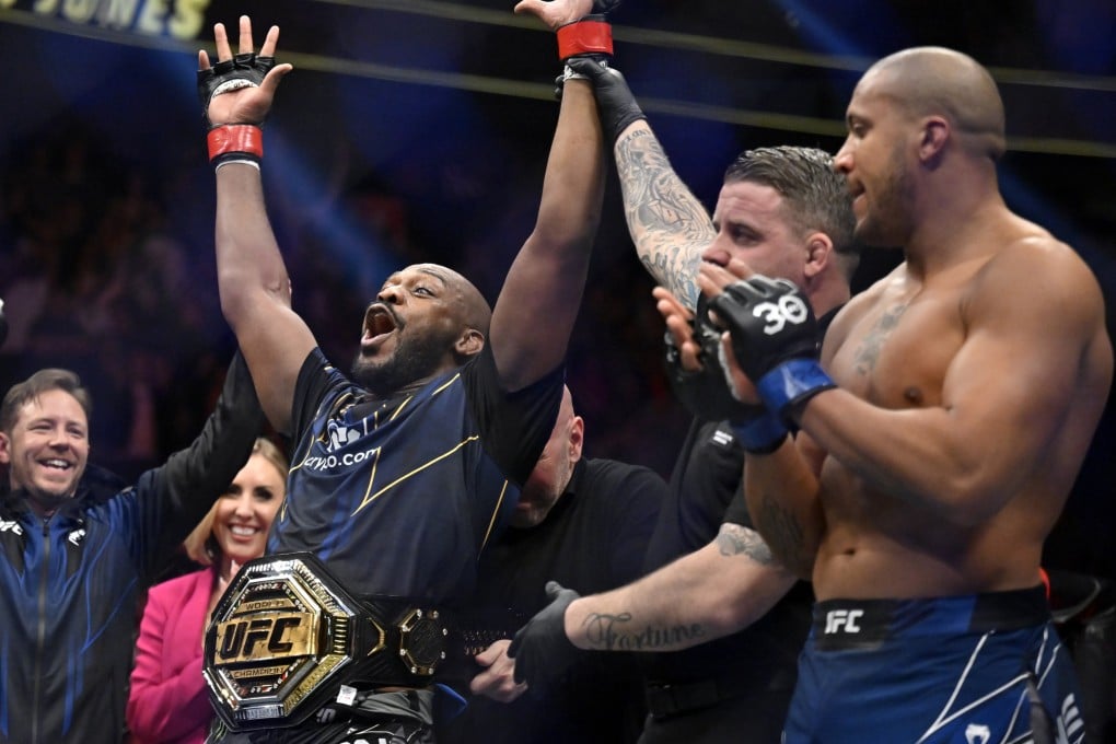 Jon Jones celebrates after beating Ciryl Gane for the heavyweight title at UFC 285. Photo: AP