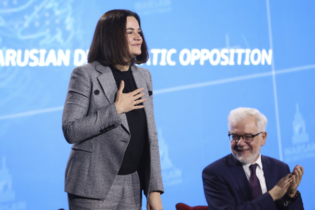 A court in Belarus on Monday sentenced exiled opposition leader Svetlana Tikhanovskaya (left) to 15 years in prison after a trial in absentia on charges including conspiring to overthrow the government. Photo: AP