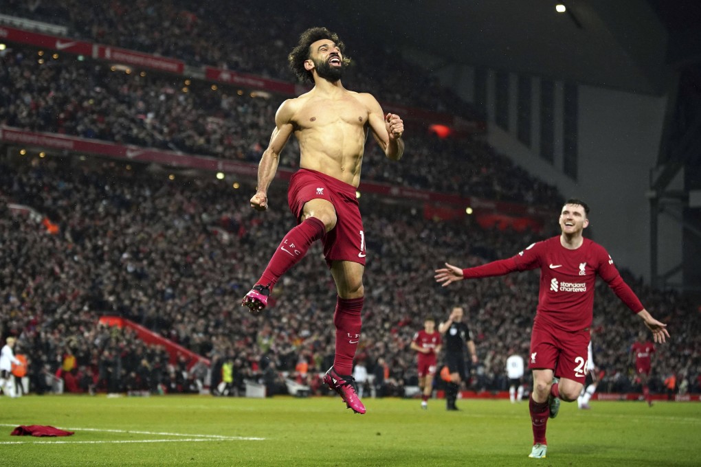 Liverpool’s Mohamed Salah celebrates after scoring his side’s sixth goal against Manchester United at Anfield. Photo: AP