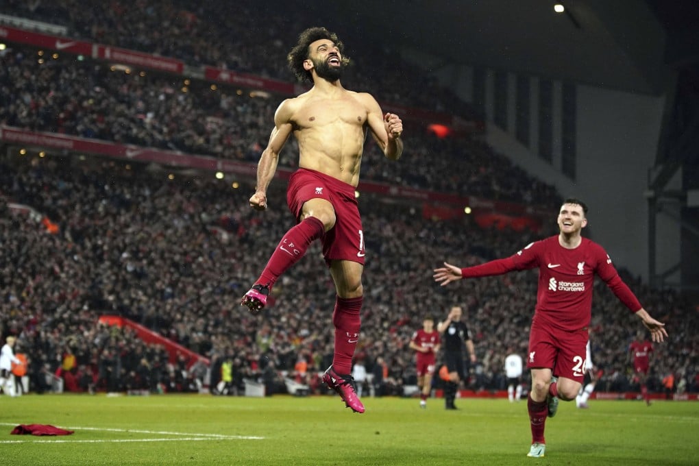 Liverpool’s Mohamed Salah celebrates after scoring his side’s sixth goal against Manchester United at Anfield. Photo: AP