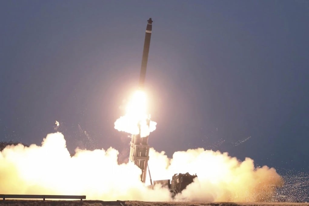 A screengrab of a video broadcast by North Korea’s KRT shows what it says is a ballistic missile being launched from an undisclosed location last month. Photo: KRT via AP