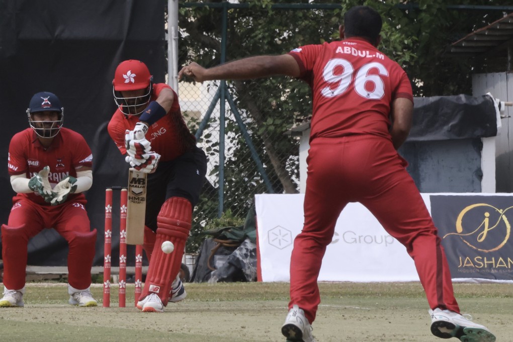 Hong Kong’s captain Nizakat Khan on his way to 37 in the T20 clash with Bahrain. Photo: Jonathan Wong