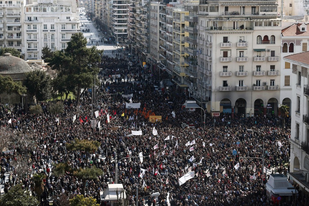 Protesters in Thessaloniki, northern Greece. More than 65,000 demonstrators took to the streets nationwide to protest the train crash. Photo: EPA-EFE