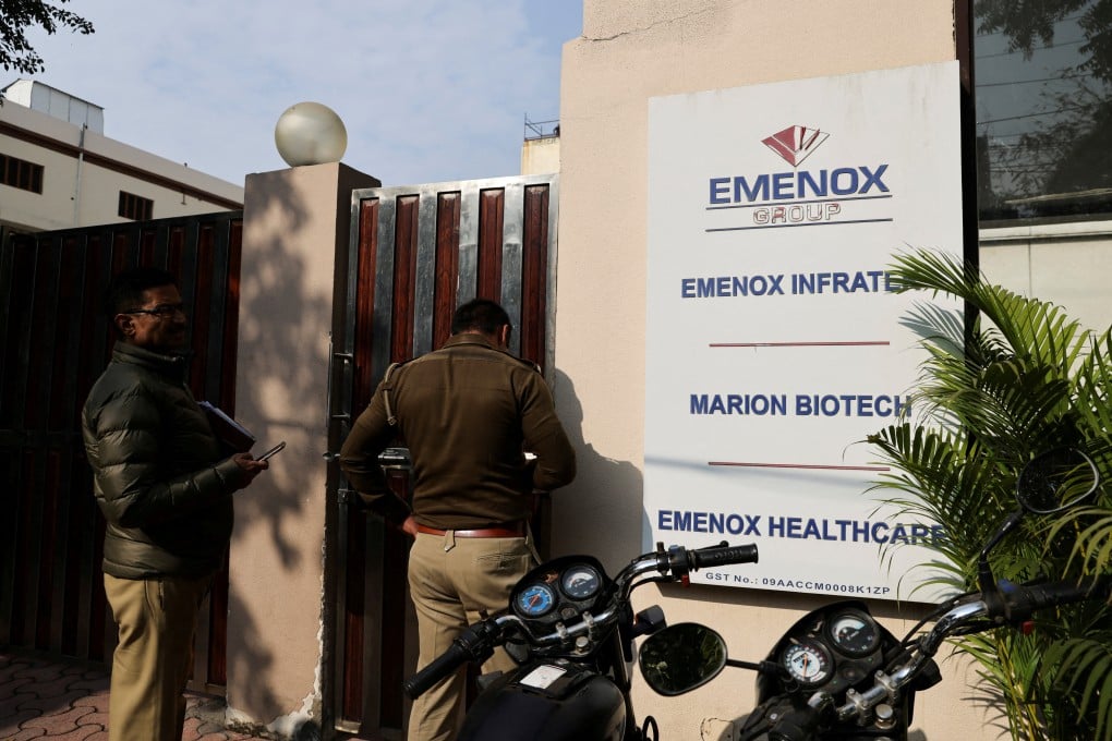 Police at the gate of a Marion Biotech office in Noida, India. Photo: Reuters