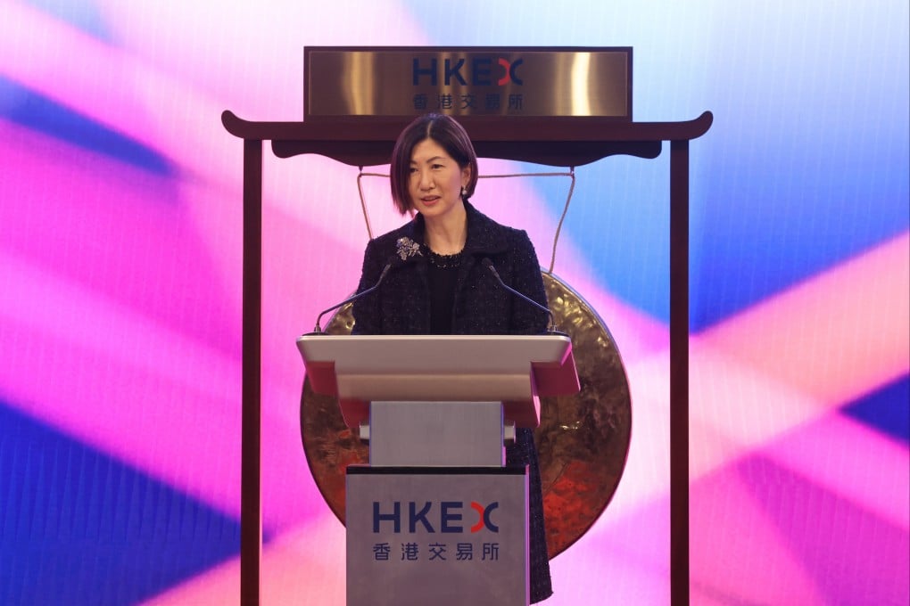 Bonnie Chan, co-chief operating officer of Hong Kong Exchanges and Clearing (HKEX), speaks during a special market closing ceremony on March 8, part of the global “Ring the Bell for Gender Equality” campaign to celebrate the power of diversity and the contribution of women in markets and communities, at HKEX in Central. Photo: May Tse
