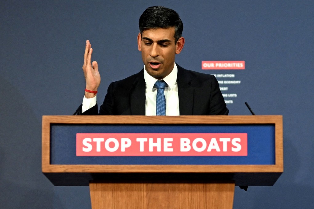 UK PM Rishi Sunak speaks during a press conference following the launch of new legislation to try to stop migrants coming to Britain by boat. Photo: Reuters