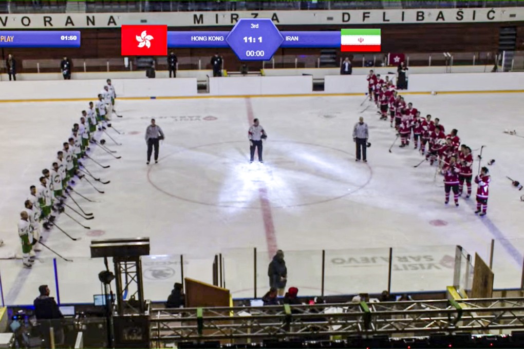 Hong Kong hockey players react to a protest song being played instead of the national anthem after they beat Iran. Photo: Handout
