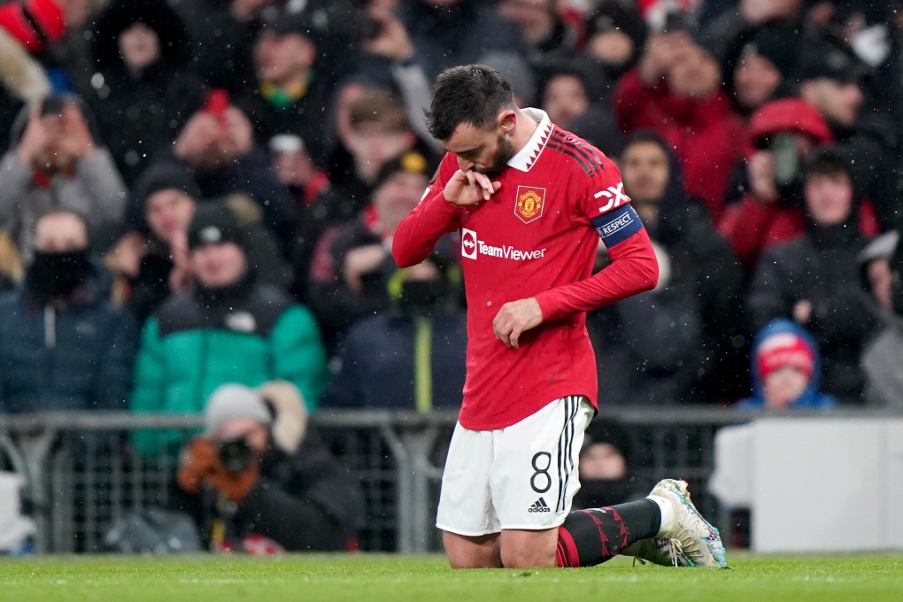 Bruno Fernandes celebrates scoring United’s third goal against Real Betis. Photo: dpa