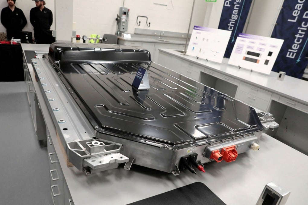 An (LFP) battery pack for the Ford Mustang-Mack E is displayed during the Ford Motor Company announcement that it will partner with Chinese-based CATL to build an all-electric vehicle battery plant in Marshall, Michigan, on February 13, 2023. Photo: Reuters