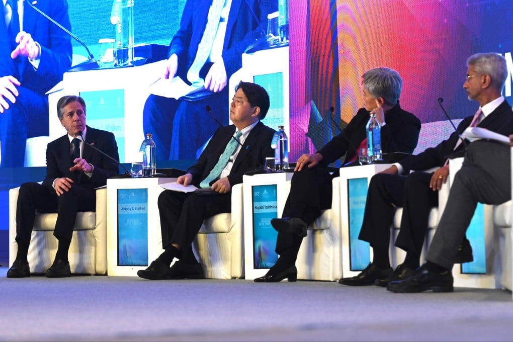 US Secretary of State Antony Blinken speaks as Japan’s Foreign Minister Yoshimasa Hayashi, Australian Foreign Minister Penny Wong and Indian Foreign Minister Subrahmanyam Jaishankar look on at the Quad foreign ministers’ panel discussion in New Delhi on March 3. Photo: AFP