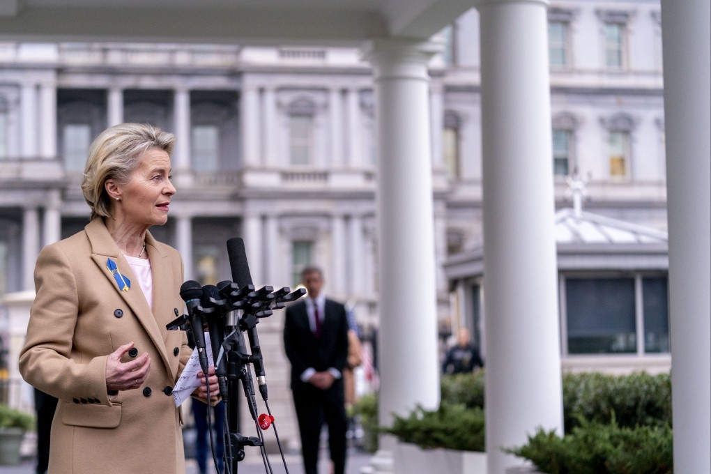 European Commission President Ursula von der Leyen speaks to journalists outside the White House after meeting with US President Joe Biden in Washington on Friday. Photo: AP