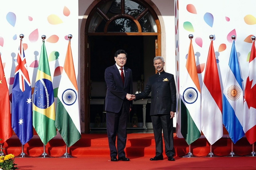 Indian foreign minister S. Jaishankar welcomes his Chinese counterpart Qin Gang to the G20 meeting in New Delhi on March 2. China refused to sign a joint communique condemning Russia’s war. Photo: Handout/EPA-EFE