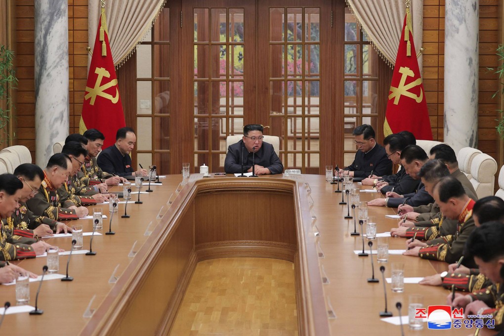 North Korean leader Kim Jong-un (centre) attends a meeting of the 8th Central Military Commission of the Workers’ Party of Korea in Pyongyang. Photo by KCNA via KNS/AFP