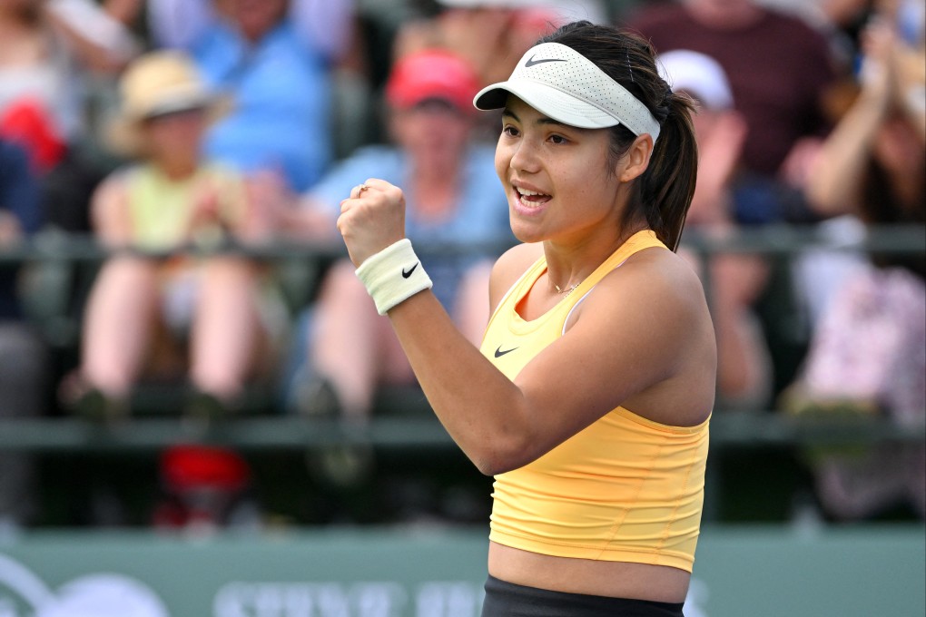 Britain’s Emma Raducanu celebrates after defeating Poland’s Magda Linette in her second-round match in the BNP Paribas Open at the Indian Wells Tennis Garden in California, US on Saturday. Photo: Jayne Kamin-Oncea / USA TODAY Sports