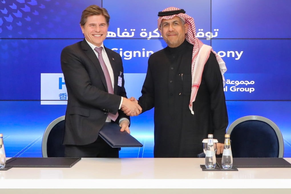 HKEX CEO Nicolas Aguzin (left) and Saudi Tadawul Group CEO Khalid Al Hussan shake hands during the Hong Kong delegation’s visit to Saudi Arabia on February 5. Hong Kong is reaching out globally to promote its role as an IPO hub as other exchanges start to challenge its dominant position. Photo: HKEX