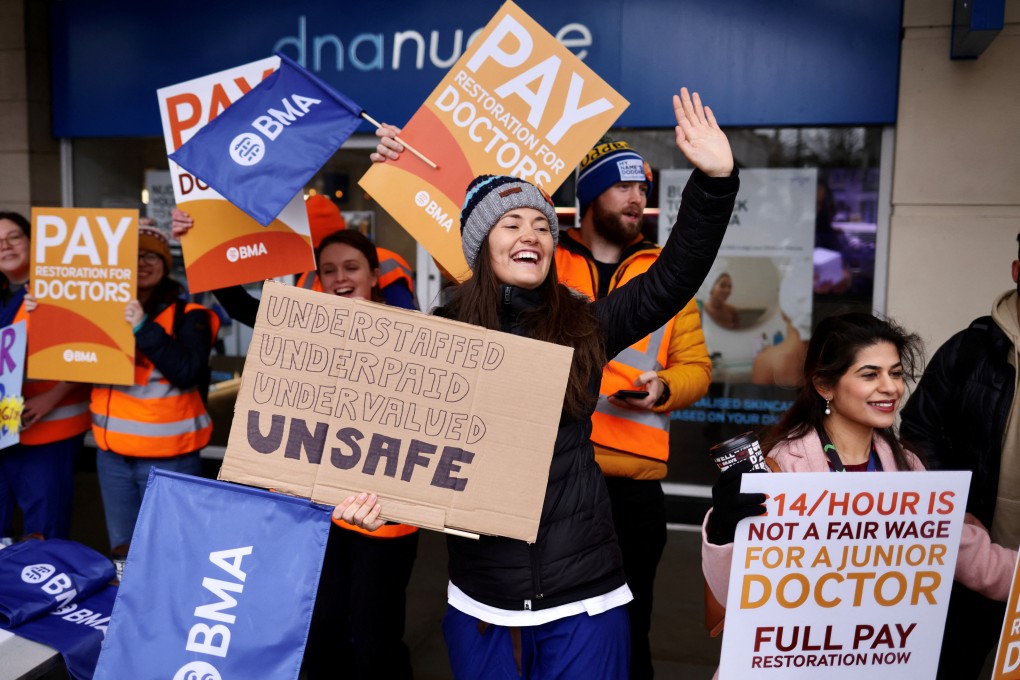 Junior doctors protest during their strike, amid a dispute with the government over pay, outside Chelsea and Westminster Hospital in London on March 13, 2023.   Photo: Reuters