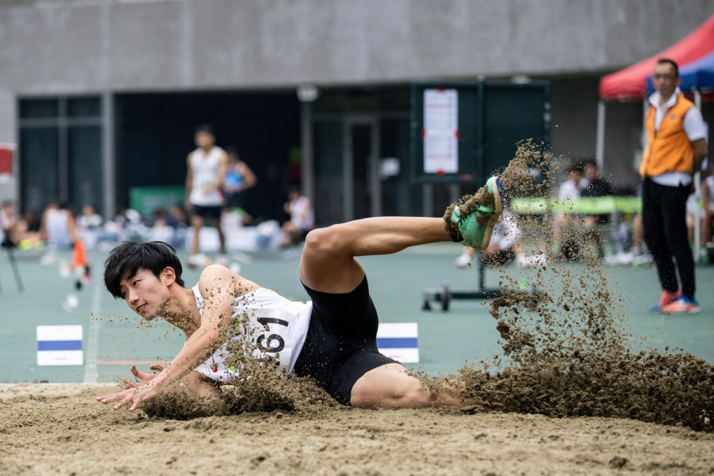 Lin Ming-fu threatens the eight-metre mark in the Hong Kong Athletics Series 2. Photo: HKAAA