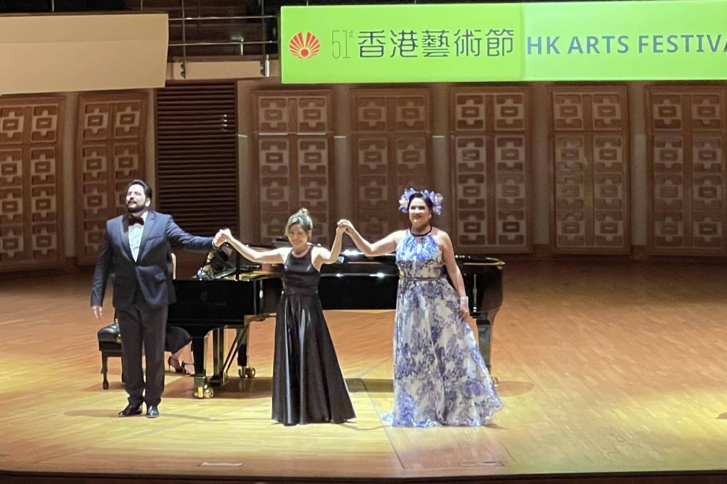 Russian soprano Anna Netrebko, her husband, Azerbaijani tenor Yusif Eyvazov and accompanist Rachel Cheung from Hong Kong receive the audience’s applause during their recital at the Hong Kong Cultural Centre Concert Hall on March 9. Photo: Hong Kong Arts Festival
