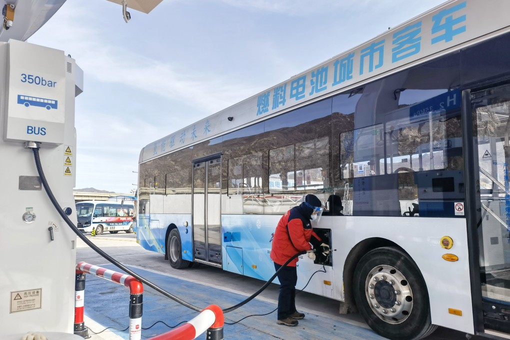 A hydrogen bus used during the Winter Olympics at a Sinopec station in Zhangjiakou in China’s Hebei province on February 11, 2022. Photo: Getty Images
