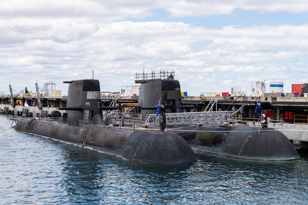 Two Australian Collins class submarines at HMAS Stirling Royal Australian Navy base in Perth in 2021. Photo:  EPA-EFE