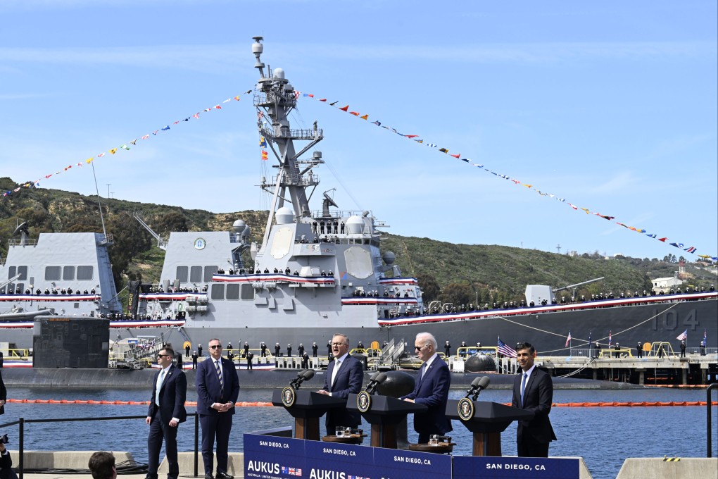 Australian Prime Minister Anthony Albanese (left), US President Joe Biden (centre) and British Prime Minister Rishi Sunak unveil the Aukus military alliance in San Diego, California, on March 13. Photo: AP