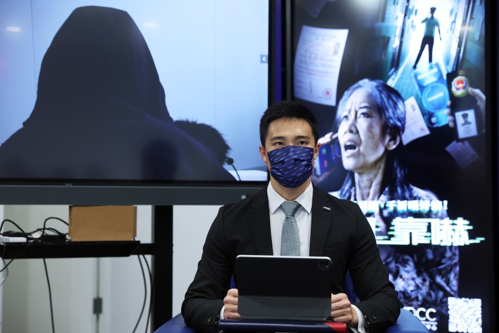 A scam victim shares her story via a phone-in at a press conference hosted by the Anti-Deception Coordination Centre of the Hong Kong police, at the police headquarters in Wan Chai on October 24 last year. Photo: Edmond So