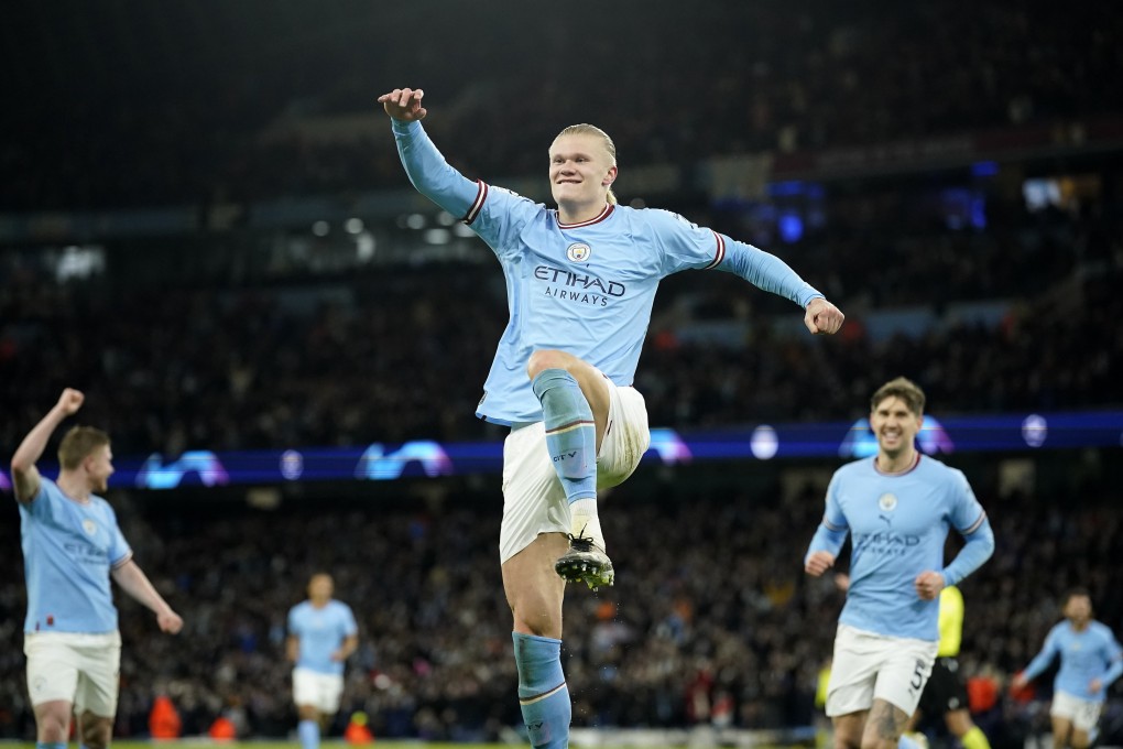 Erling Haaland celebrates after scoring his side’s fifth goal against RB Leipzig. Photo: AP