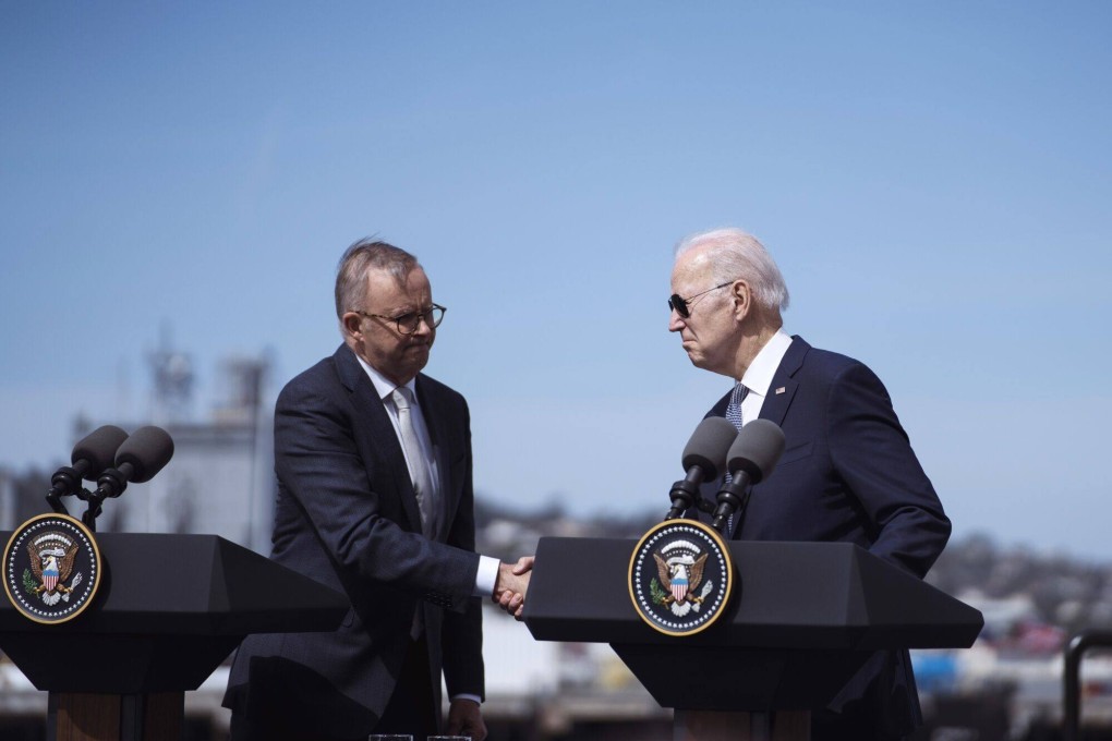 Anthony Albanese, Australia’s prime minister, and US President Joe Biden in Sani Diego, California on Monday after announcing a new Aukus submarine deal. Photo: Bloomberg