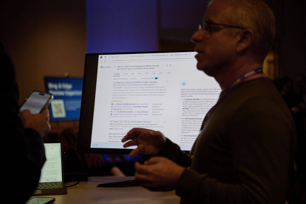 An employee explains the AI-powered Microsoft Bing search engine and Edge browser during an event at the company’s headquarters in Redmond, Washington, on February 7. Photo: Bloomberg