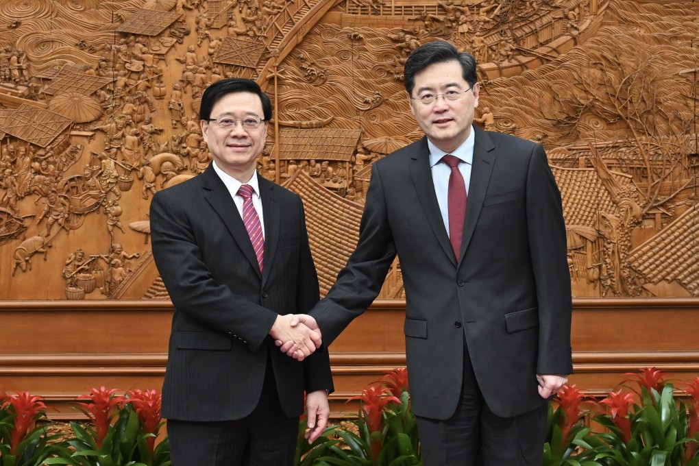 Hong Kong Chief Executive John Lee (left) meets State Councillor and Minister of Foreign Affairs Qin Gang in Beijing. Photo: Handout