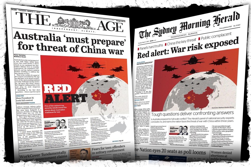 The front pages of the Sydney Morning Herald and The Age on 7 March warning of war with China. Image: SCMP