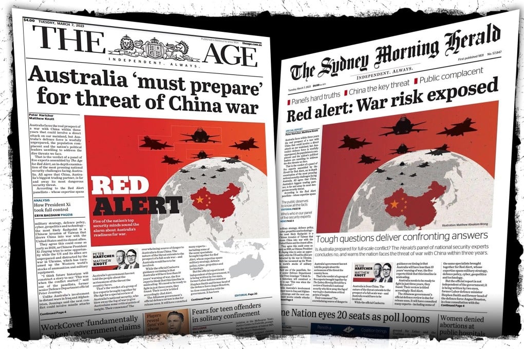 The front pages of the Sydney Morning Herald and The Age on 7 March warning of war with China. Image: SCMP