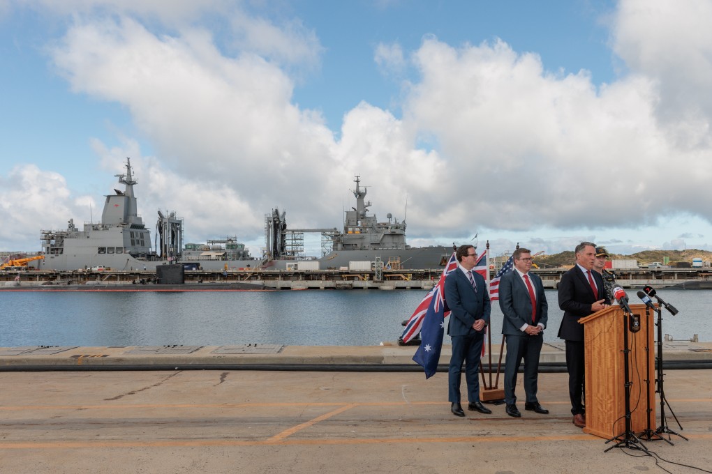 Australian Defence Minister Richard Marles speaks at a press conference in front of the USS Asheville, a Los Angeles-class nuclear-powered fast-attack submarine, during a tour of HMAS Stirling in Perth. The prospect of Australia acquiring nuclear submarines via the Aukus agreement has raised concerns around regional stability and global non-proliferation efforts. Photo: AAP / dpa