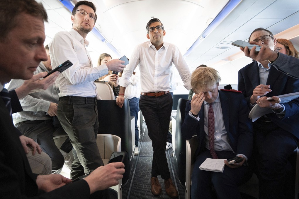 Britain’s Prime Minister Rishi Sunak speaks to the media on a plane bound for San Diego, US, on March 12 to meet US President Joe Biden and Australian Prime Minister Anthony Albanese. A CPTPP win would be good optics with the British economy depressed, plagued by strikes and a cost-of-living crisis. Photo: AP