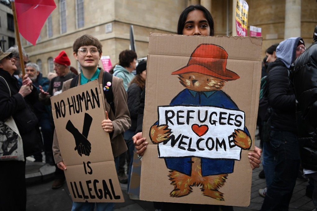 Protesters demonstrate against the UK government’s new Illegal Migration bill during an anti-racism demonstration in London on Saturday. Photo: EPA-EFE