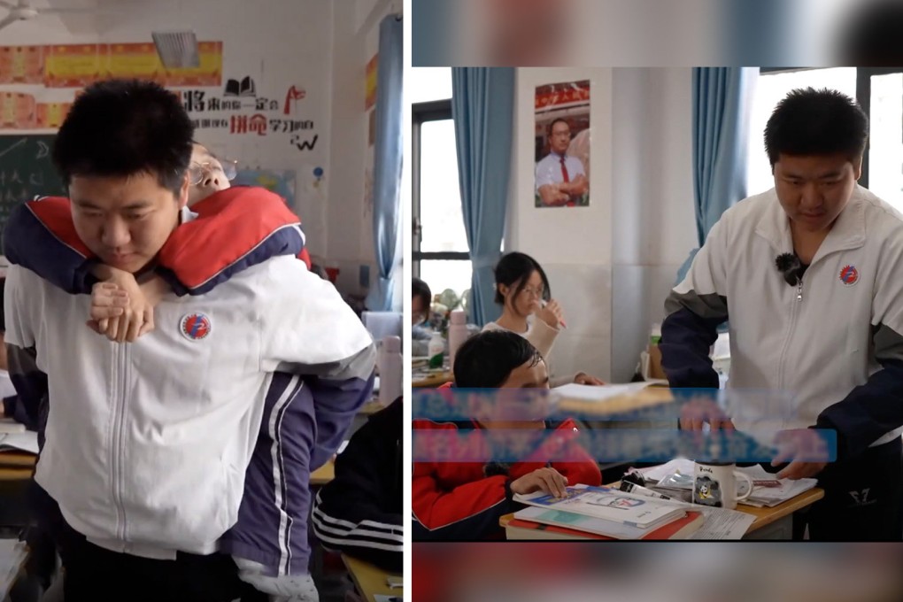 A kind school boy has helped his paraplegic classmate for six years by carrying him at school, melting hearts online in China. Photo: SCMP composite/Handout