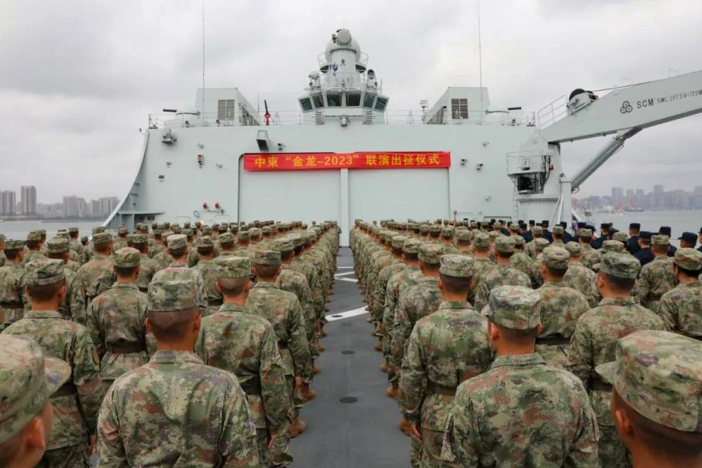 Chinese troops on board the Type 071 comprehensive landing ship Jinggangshan, heading for joint exercises with Cambodia. Photo: Handout